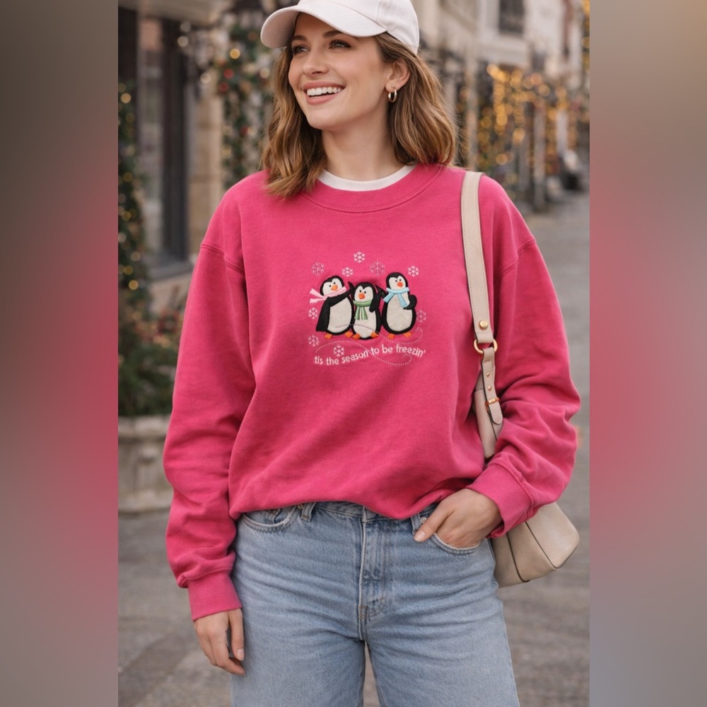 Vintage Y2K Pink Penguin Winter Sweatshirt “Tis the Season to Be Freezin” Size M